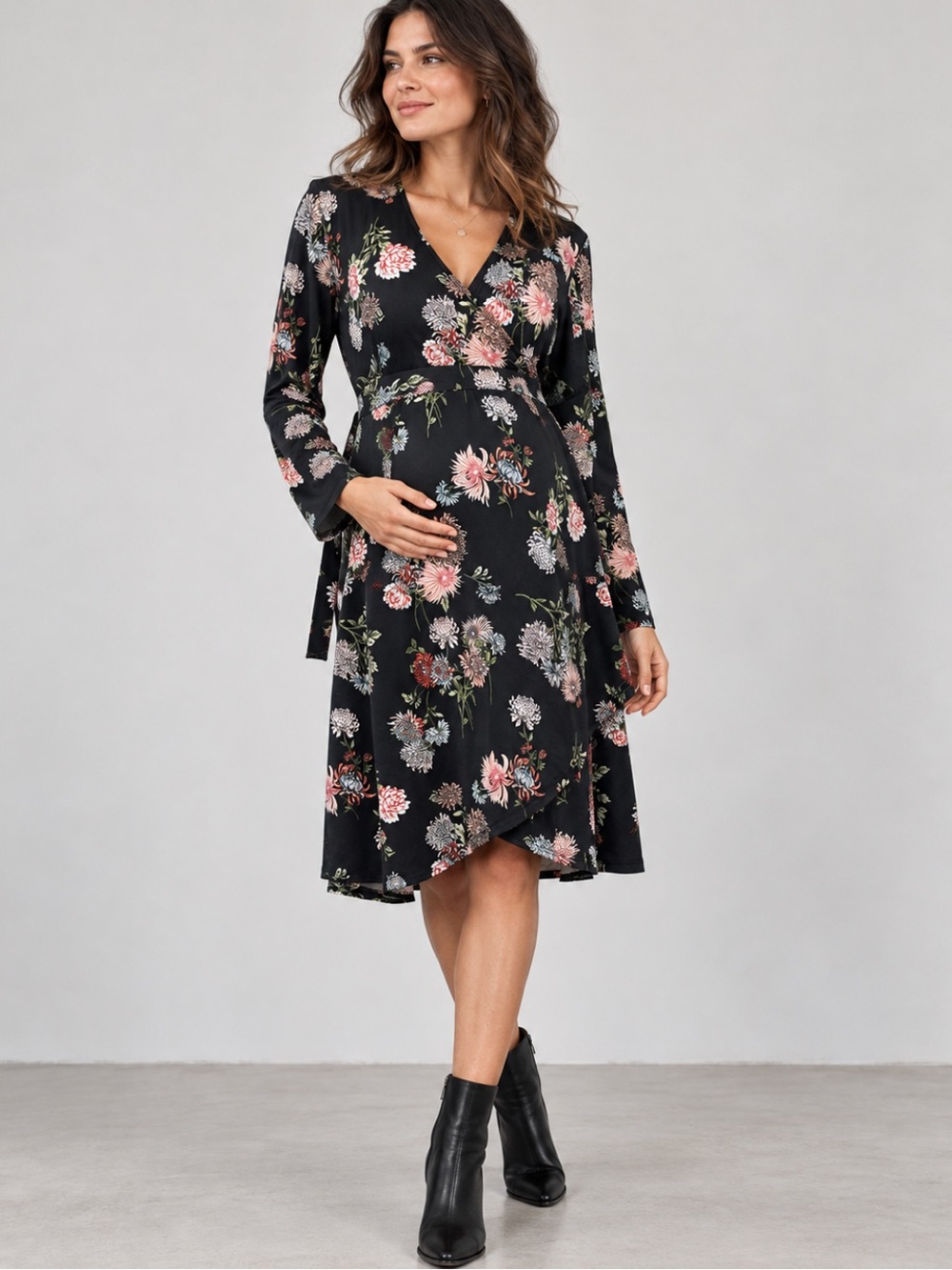 Ripe Maternity Floral Wrap Dress Black Long Sleeve Size M